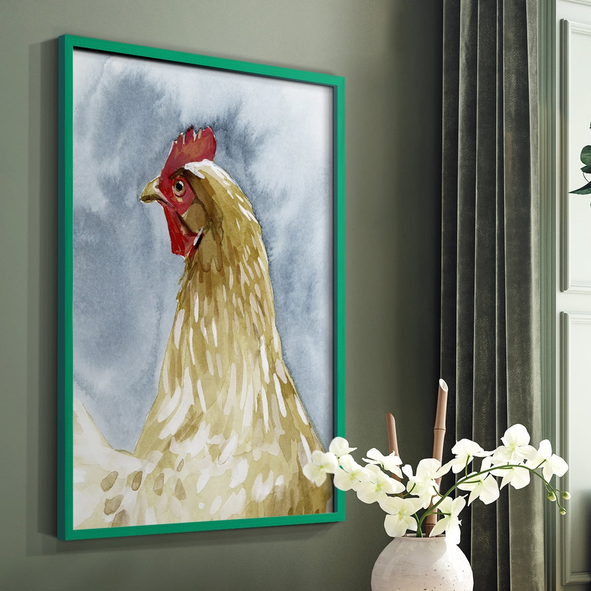 Chicken Portrait I Framed Print in Green Solid Wood Framed Print No Nail Hanging
