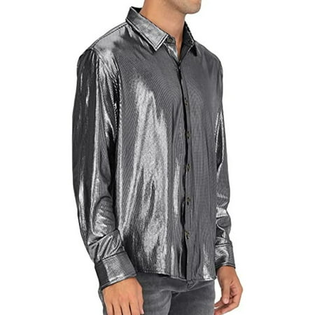 EOYWHK Linen Shirts Mens Fashion Casual Solid Bright Satin Lapel Collar Button Cardigan Long Sleeved Tops Shirts　Winter Looks Clearance