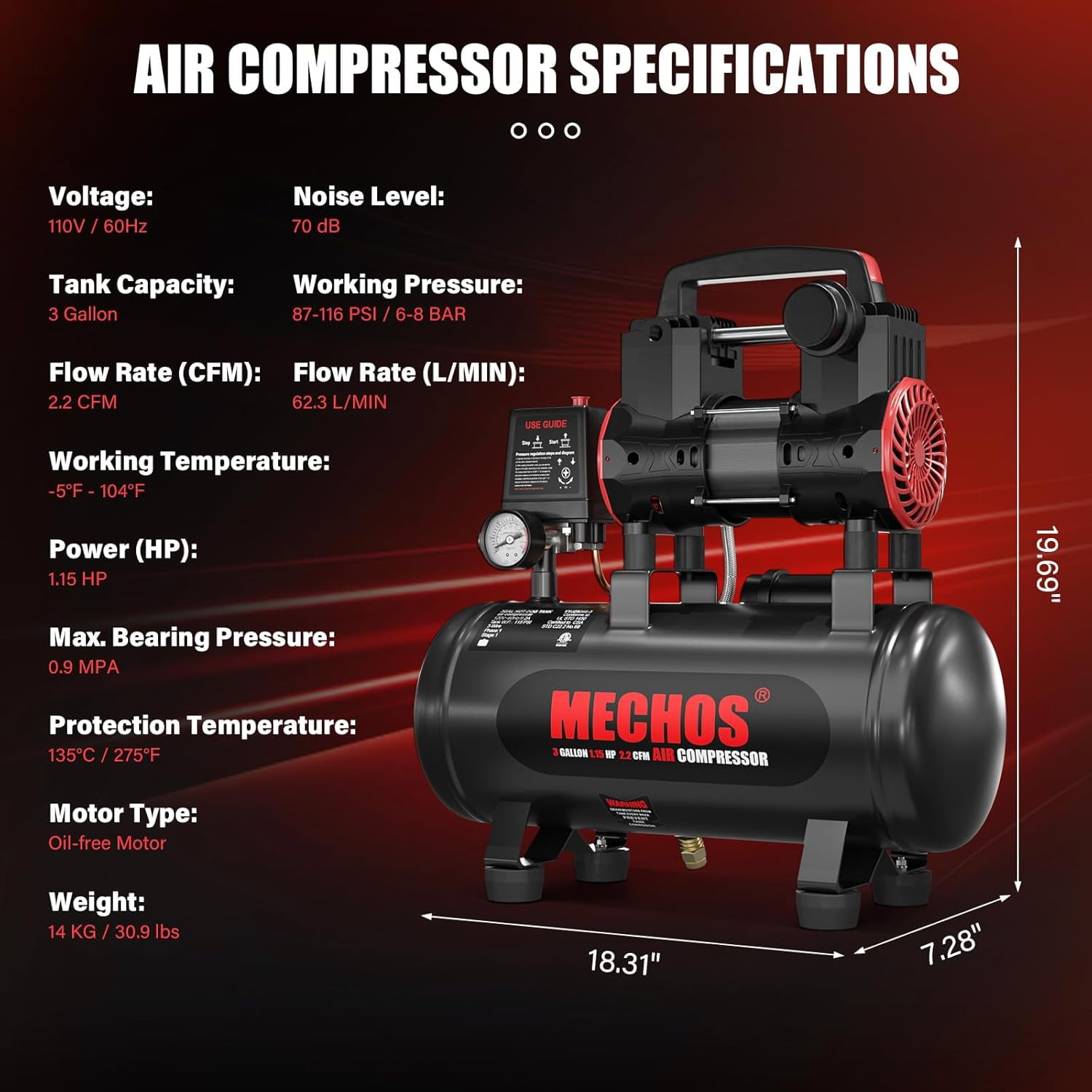 Baotree 3-Gallon Portable Air Compressor, oil-free, 70-decibel quiet operation, suitable for garage and home use, tire inflator