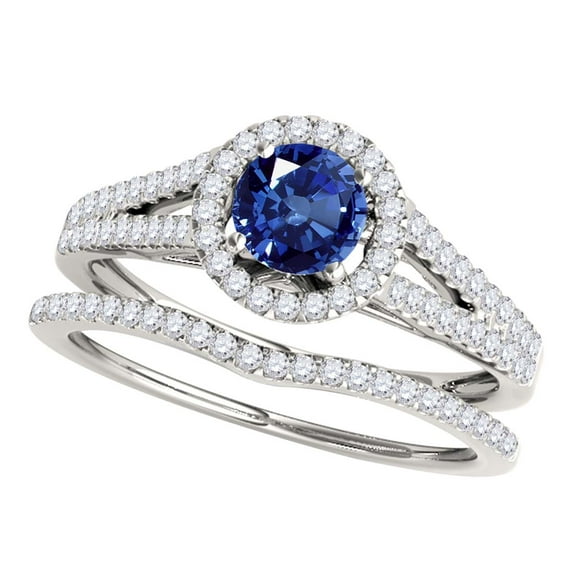 Aonejewelry 1.25 Ct. Ttw Halo Split Shank Sapphire and Diamond Bridal Set In 14k White Gold