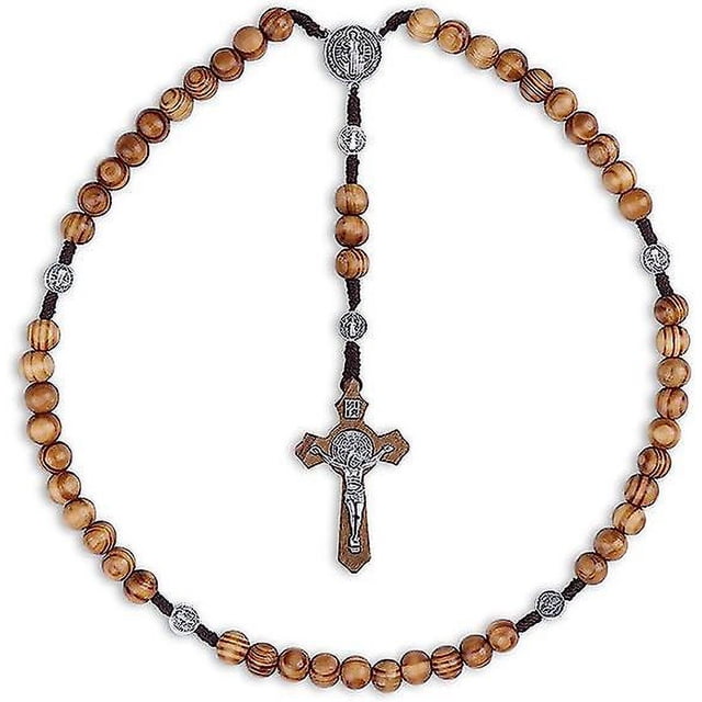 Rosario católico de madera hecho a mano, collar con colgante de cruz, cuentas de oración cristiana, medalla de San Benito, cuentas de rosario católico para mujeres y hombres