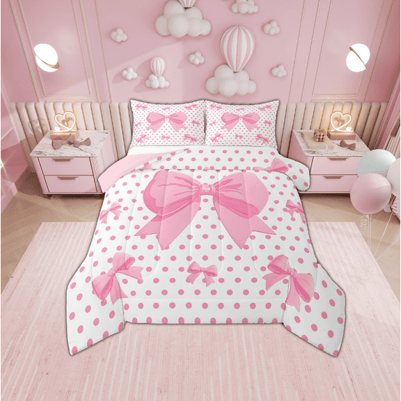 Erosebridal Pink Bow Bedding Twin Comforter Set,Cartoon Polka Dots Down Comforter,Kawaii Bowknot Bedding Sets Twin With Comforter,Ultra Soft Cute Room Decorative,Reversible,2-Piece