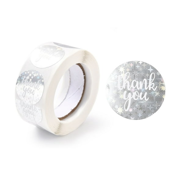 5rolls Thank you Stickers Roll Self-Adhesive Paper Gift Tag Stickers for Party Decorative Presents Flat Round Silver 25x0.1mm about 500pcs/roll