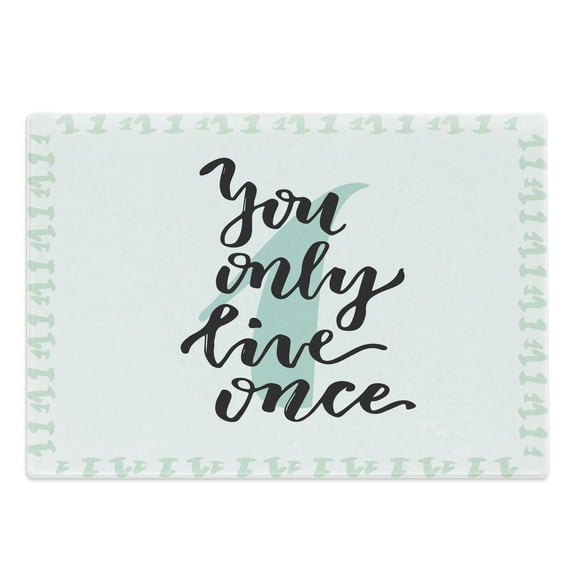 YOLO Cutting Board, Hand Lettering Calligraphy with Popular Saying in Cursive Writing, Decorative Tempered Glass Cutting and Serving Board, Large Size, Mint Green White, by Ambesonne