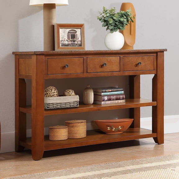 Xukmct 3 Drawers Console Table with 2 Shelves, 48" Rectangle Wood Sofa Table for Living Room, Dining Room, Brown