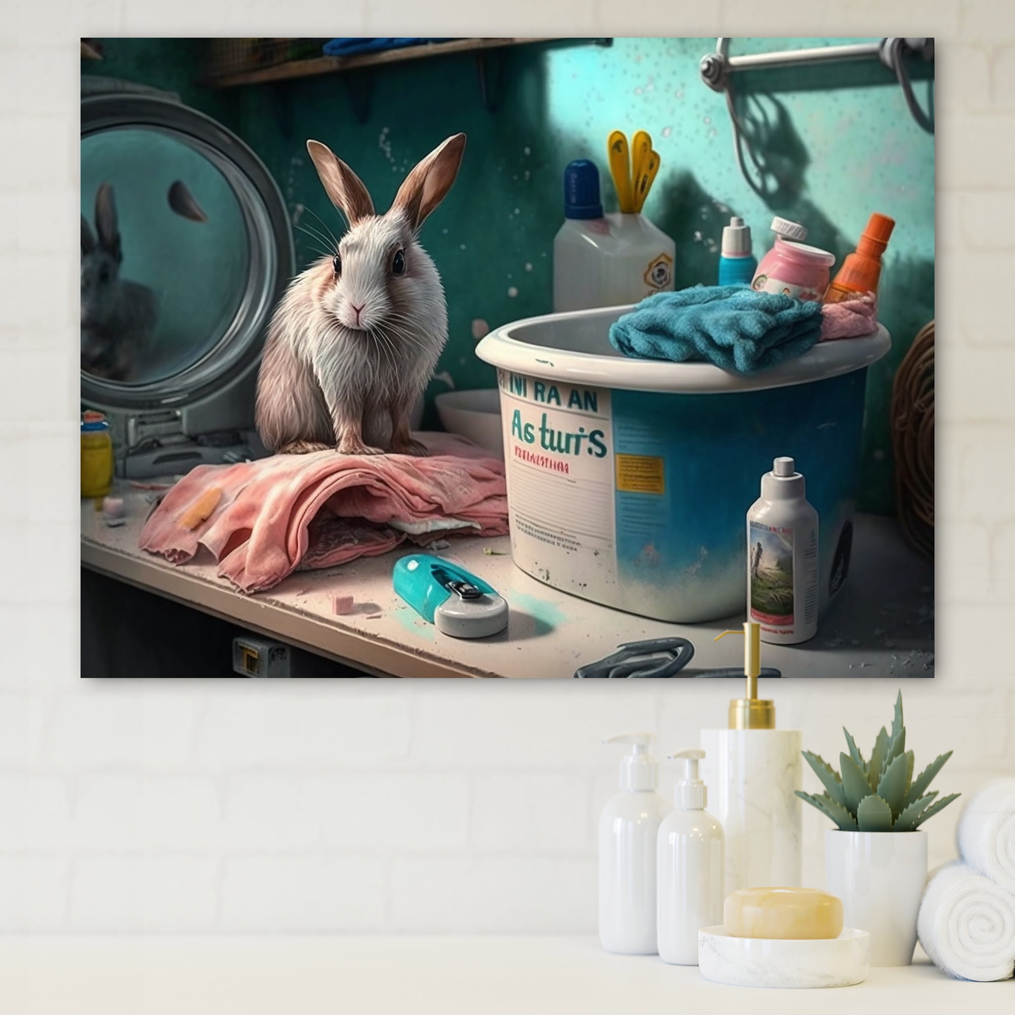 Designart Funny Rabbit Doing Laundry IV Canvas Wall Art