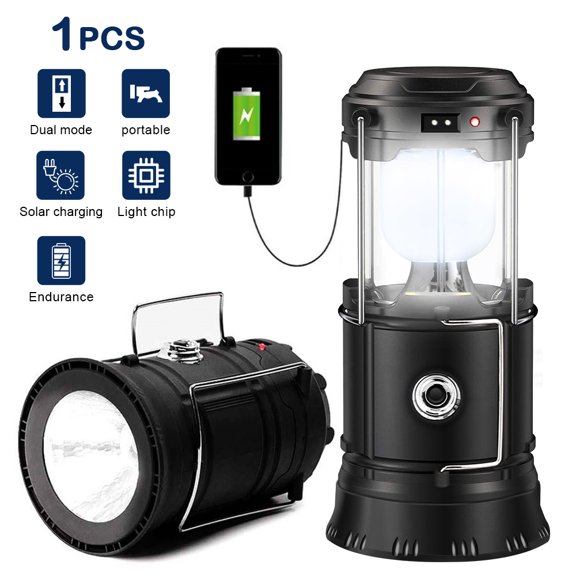 LED Camping Lantern Rechargeable,1 Pack Collapsible Solar Camping Lights with Flashlight, Waterproof Portable Survival Light for Hurricane, Emergency, Power Outages, Hiking, Fishing (Black)