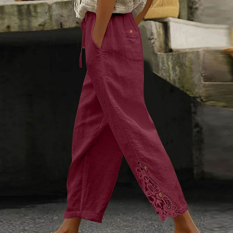laiqvcdr Women's Cropped Linen Pants with Lace Trim Bandage Detail