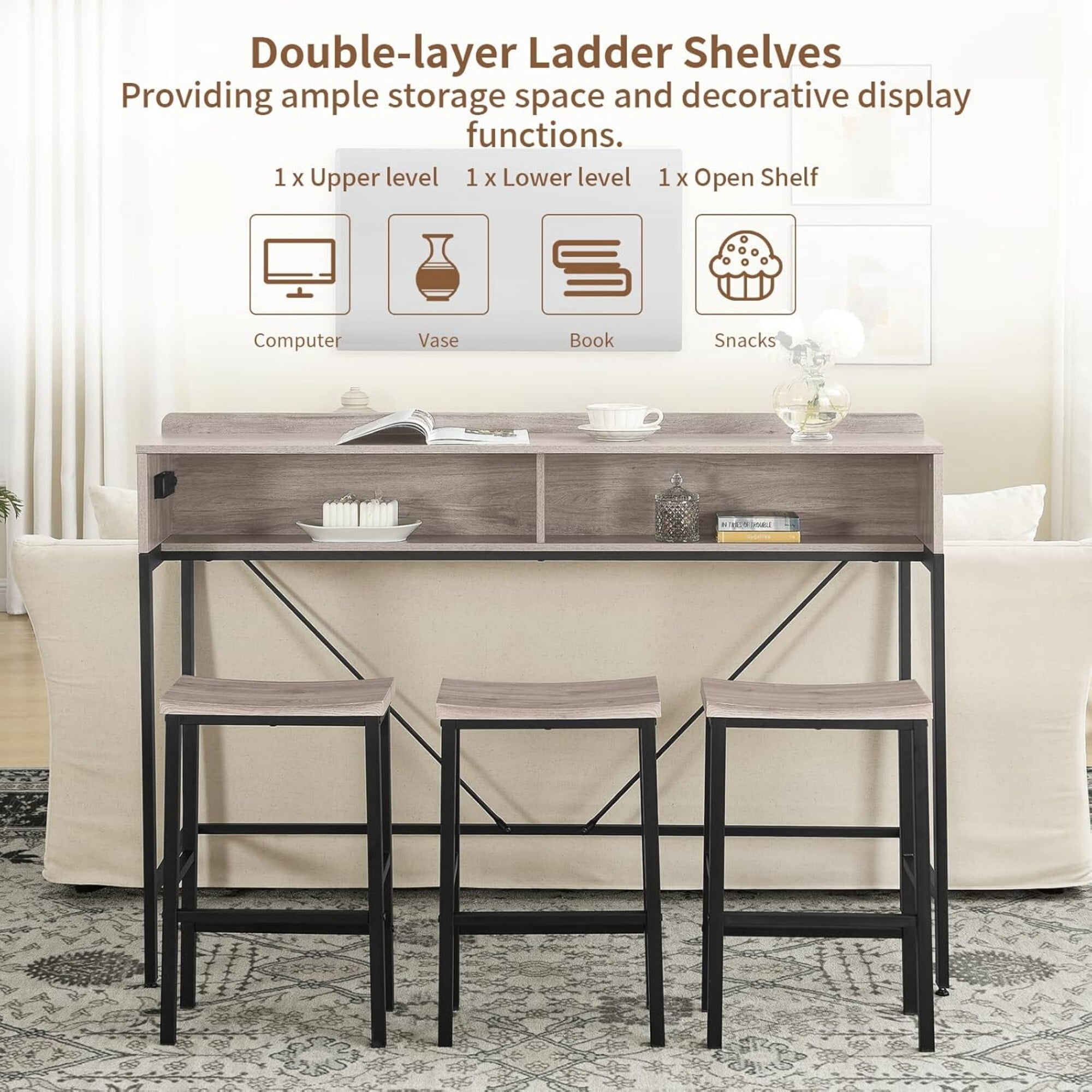 AENKYO 59" 4-Piece Sofa Bar Table and Chair Set, Dining Table with 3 Saddle Stools, Charging Station & LED Lights, Antique Gray