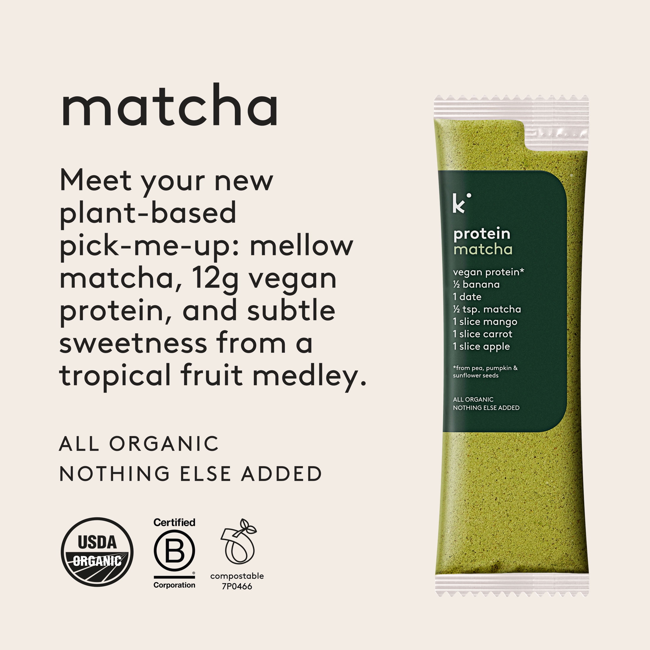 Kencko Matcha Organic Instant Fruit & Veggie Protein Smoothies, Powdered Drink Mix, 1.23 oz, 4 Pack