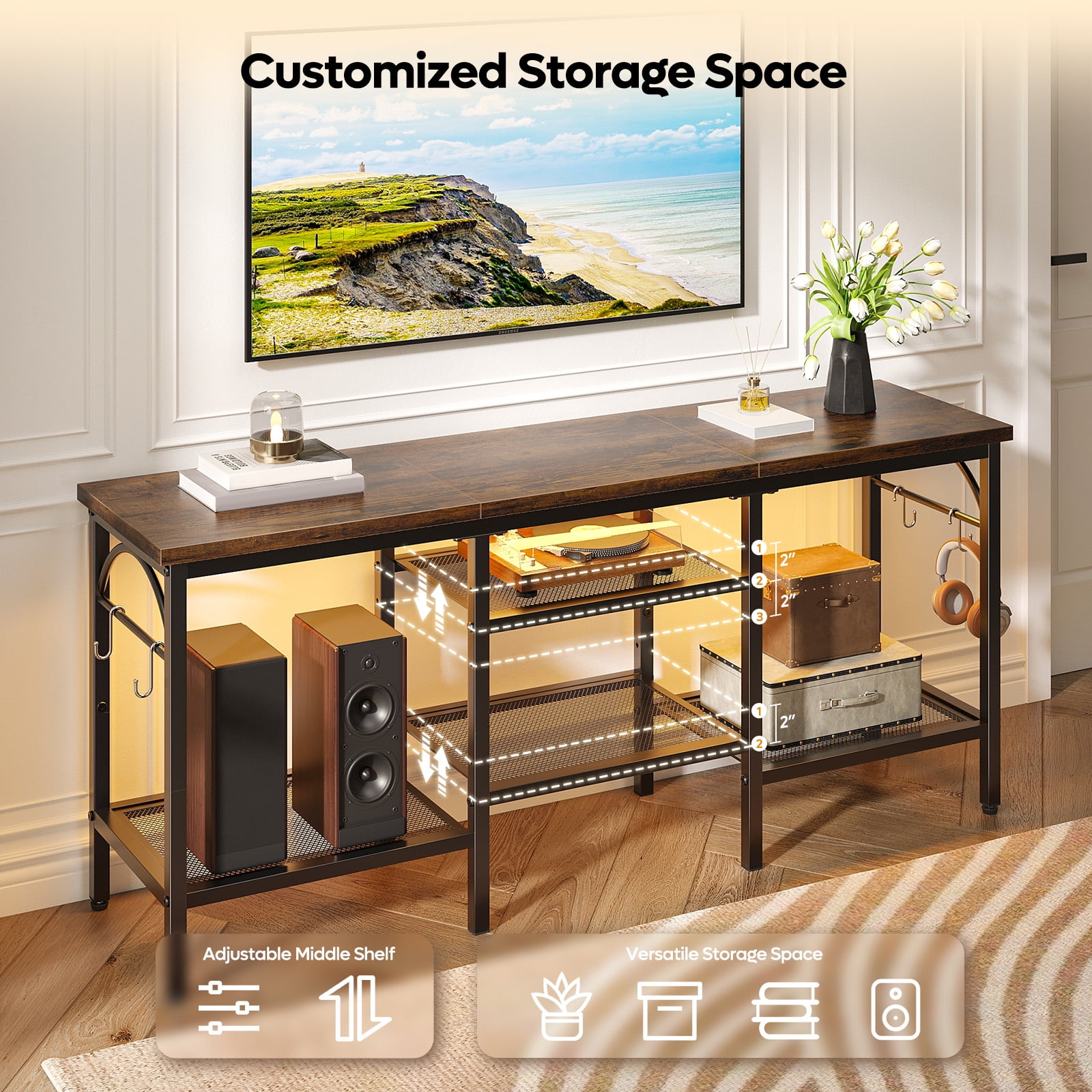 Pinmoco TV Stand for TVs up to 55 Inch, LED Light Entertainment Center with Open Storage Shelves, TV Media Console Table for Living Room, Bedroom, Rustic