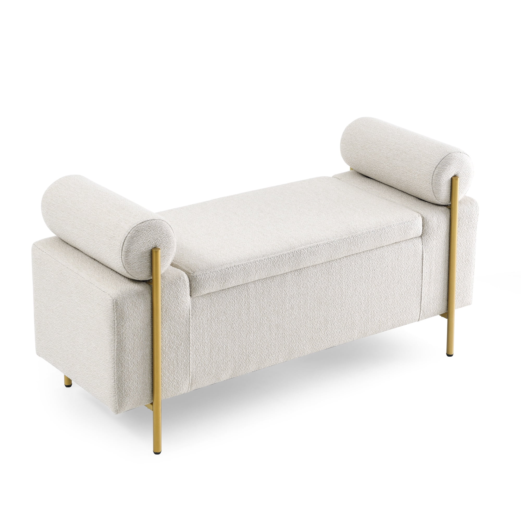 PORKISS 44” Storage Bench, Linen Upholstered Storage Ottoman with Metal Legs, Modern Long End of Bed Seat with Cylindrical Arms for Living Room, Bedroom, Entryway, Beige