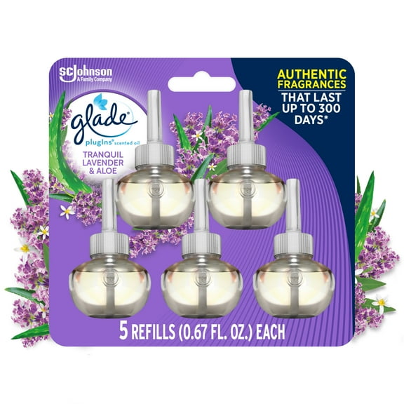 Glade PlugIns Refill 5 Count, Tranquil Lavender & Aloe, 3.35 FL. oz. Total, Scented Oil Air Freshener Infused with Essential Oils