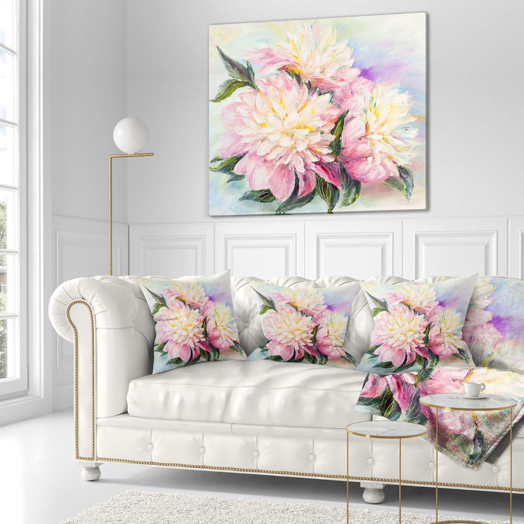 Designart Blooming Pink Peonies - Floral Throw Pillow - 16x16
