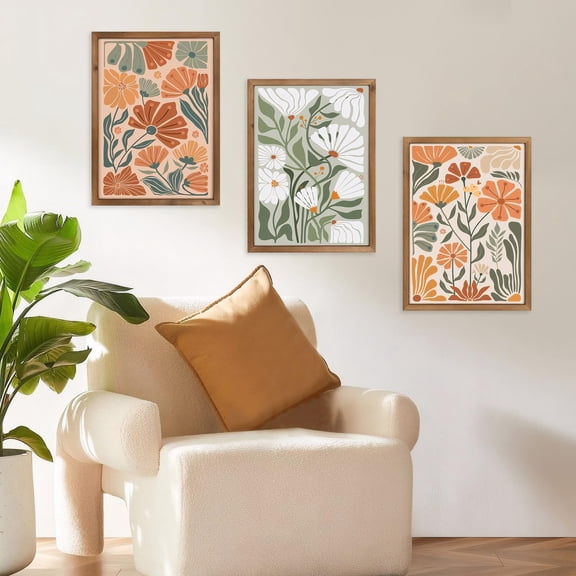 3 Piece 15.7x11.8 Inche Abstract Floral Wall Art Framed, Wooden Orange Colorful Flower Botanical Prints Pictures Decor, Minimalist Bedroom Living Room Gallery Rustic Decorations For Home