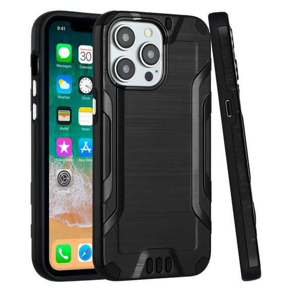 Designed for Apple iPhone 15 Plus (6.7") Hybrid Dual Layer Slim Defender Armor Metallic Brush Texture Finishing Shockproof PC   TPU Rubber Phone Case Cover [Black]