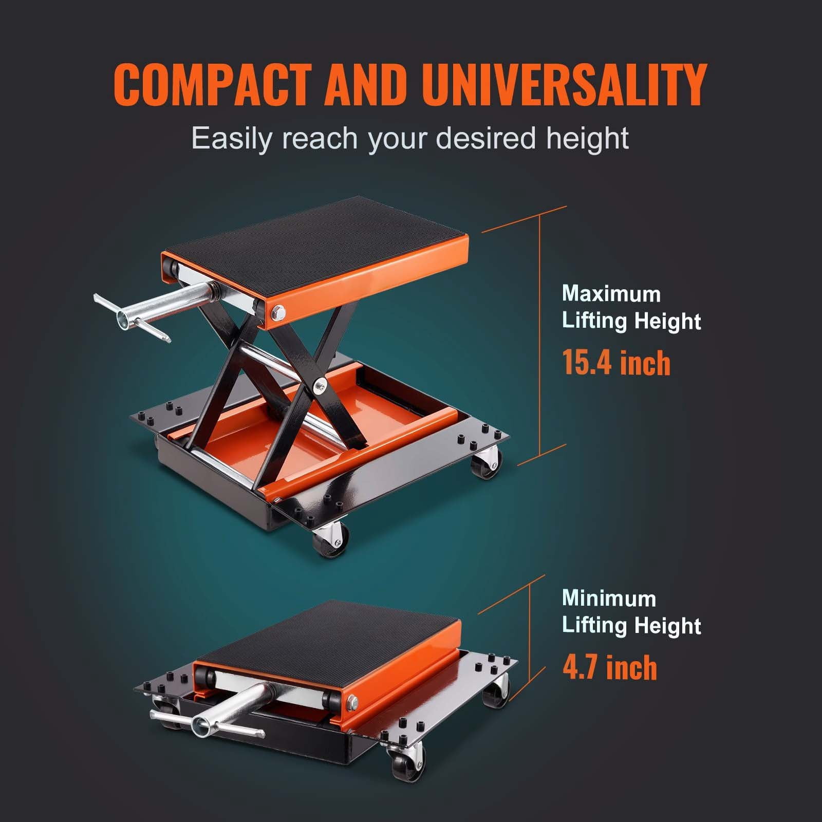 Motorcycle Lift 1100 LBS - ATV Scissor Jack with Dolly & Hand Crank - Center Stand for Street, Cruiser & Touring Bikes - Wide Deck & Tool Tray