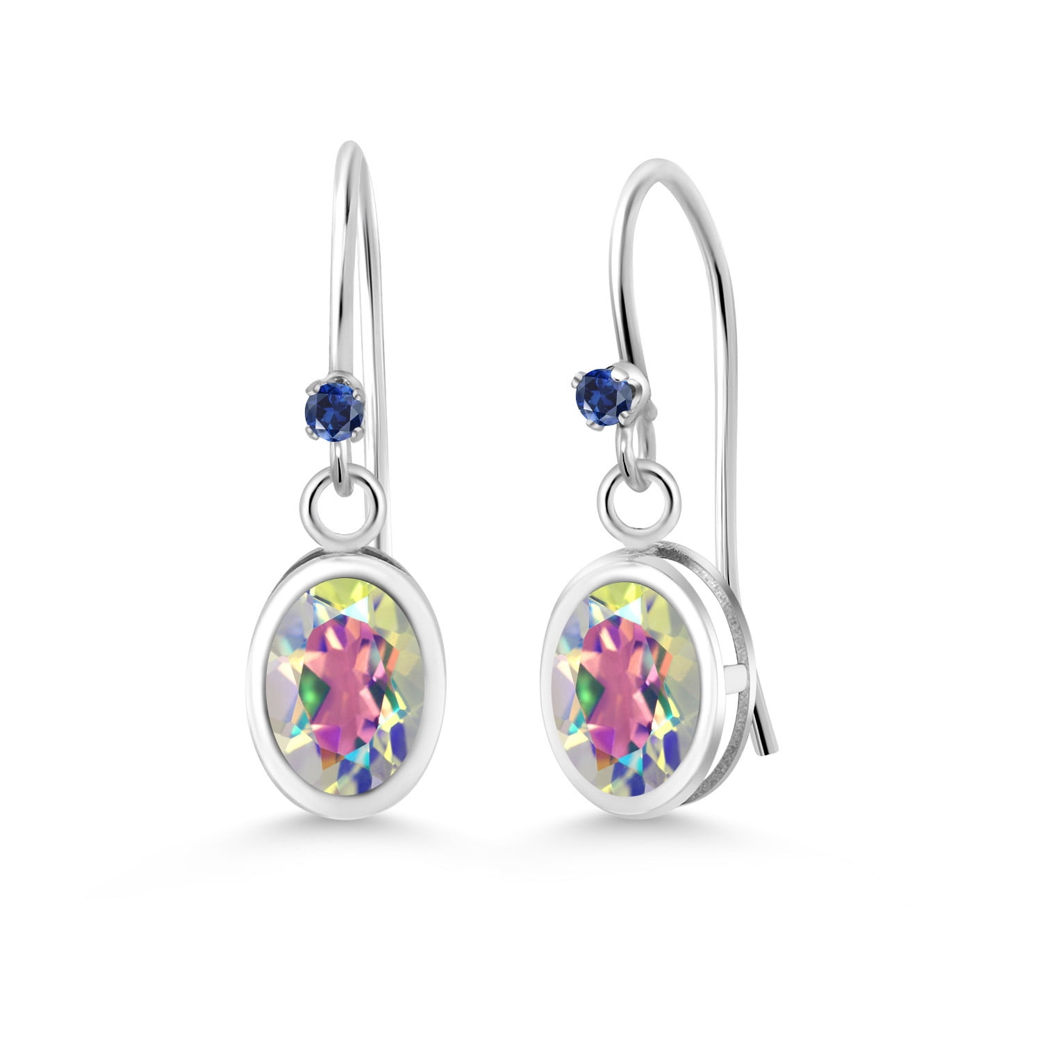 Gem Stone King 1.92 Cttw Mercury Mist Mystic Topaz and Blue Created Sapphire French Wire Earrings for Women | 925 Sterling Silver | Gemstone Birthstone | Oval 7X5MM and Round 1.25MM