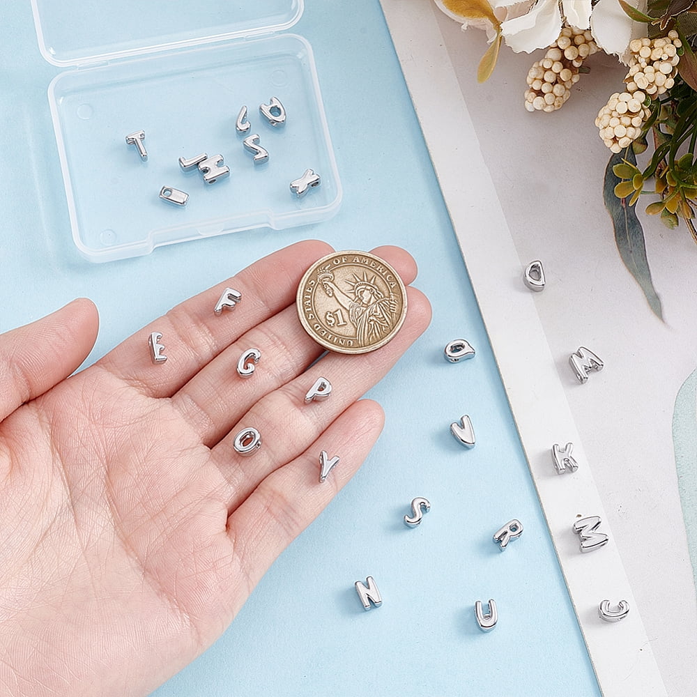26Pcs 304 Stainless Steel Beads Letter A~Z Stainless Steel Color 7~7.5x2~7.5x3.5mm Hole: 1.8mm