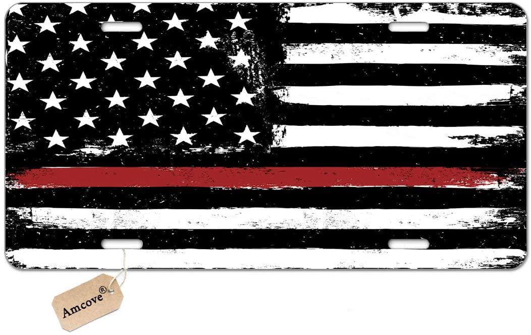 License Plate United States Flag Thin Red Line Firefighter Metal Tag Cover 