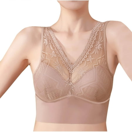 Yyeselk Full Coverage Bra for Women Plus Size Wireless Seamless Bras Push Up V Neck Lace Bra Soft Comfort Full Coverage Bra Hide Side Fat Breathable Bra Coffee XXL