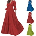 thumbnail image 1 of Women's Maxi A Line Flowy Dress Solid Color V Neck Spring Elegant Cocktail Party High Waist Trendy Clearance Ruffle 3/4 Sleeve Blue L, 1 of 1