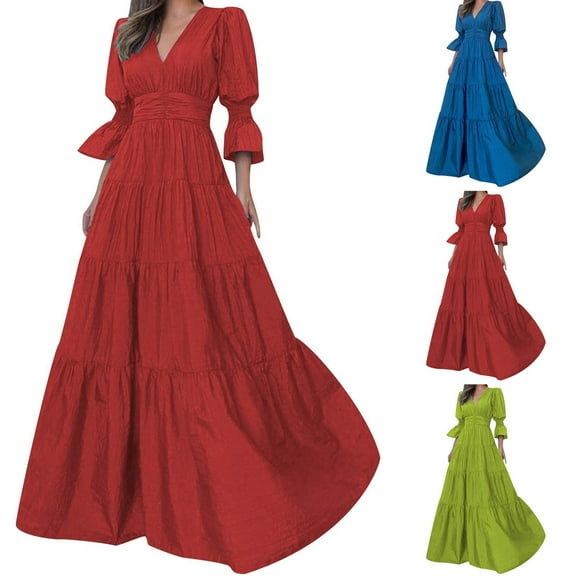 HAPIMO Women's Maxi A Line Flowy Dress Solid Color V Neck Spring Elegant Cocktail Party High Waist Trendy Ruffle 3/4 Sleeve Blue L