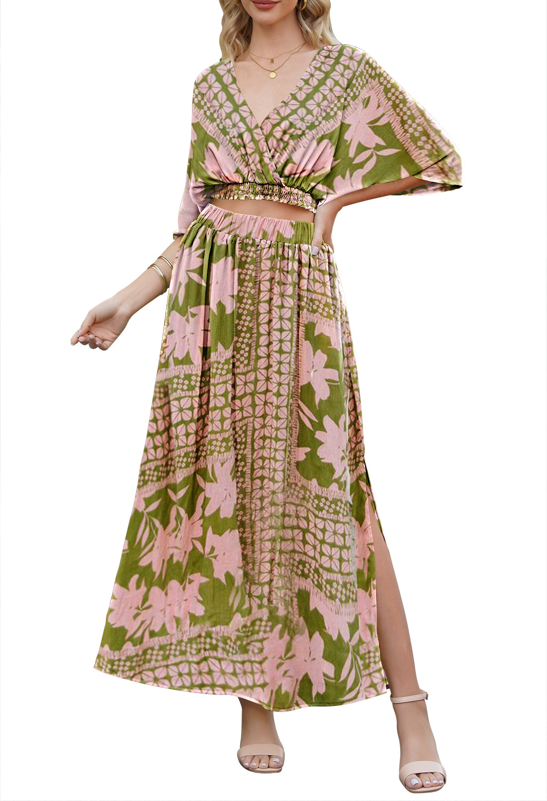 Pink Queen Women's Summer Dress 2 Piece Outfits Wrap V Neck Crop Top