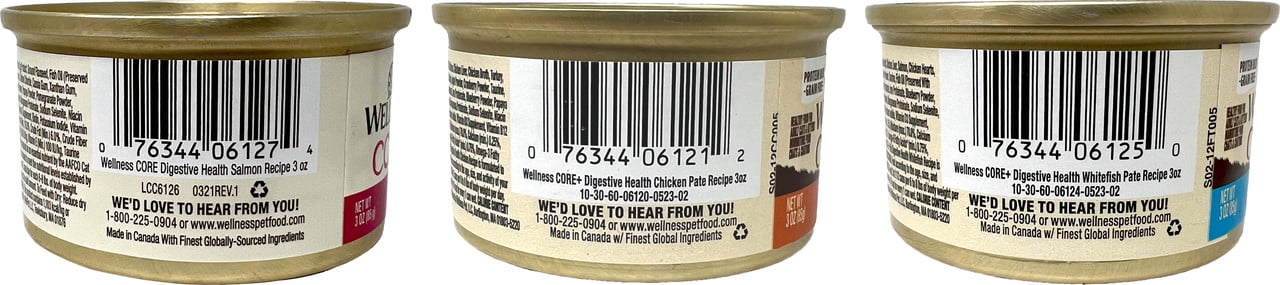 Grain-Free Pate Cat Food, Digestive Health - 3 Flavor (2) Each: Salmon, Whitefish, Chicken (3 Ounces) MerlinsMart Zine | Catnip Toy | Wellness CORE