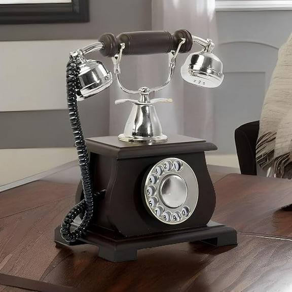 Victorian Vintage Antique Classic Telephone with Wooden Base and Chrome Finish, Non-Functioning Telephone Decor Gift