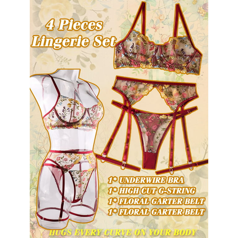 Embroidered ,Garter and Women PC ,Thigh popiv Lace Bra Floral 4 Lingerie for Set Set Panties Belt Lingerie Cuffs,Wine，L Set