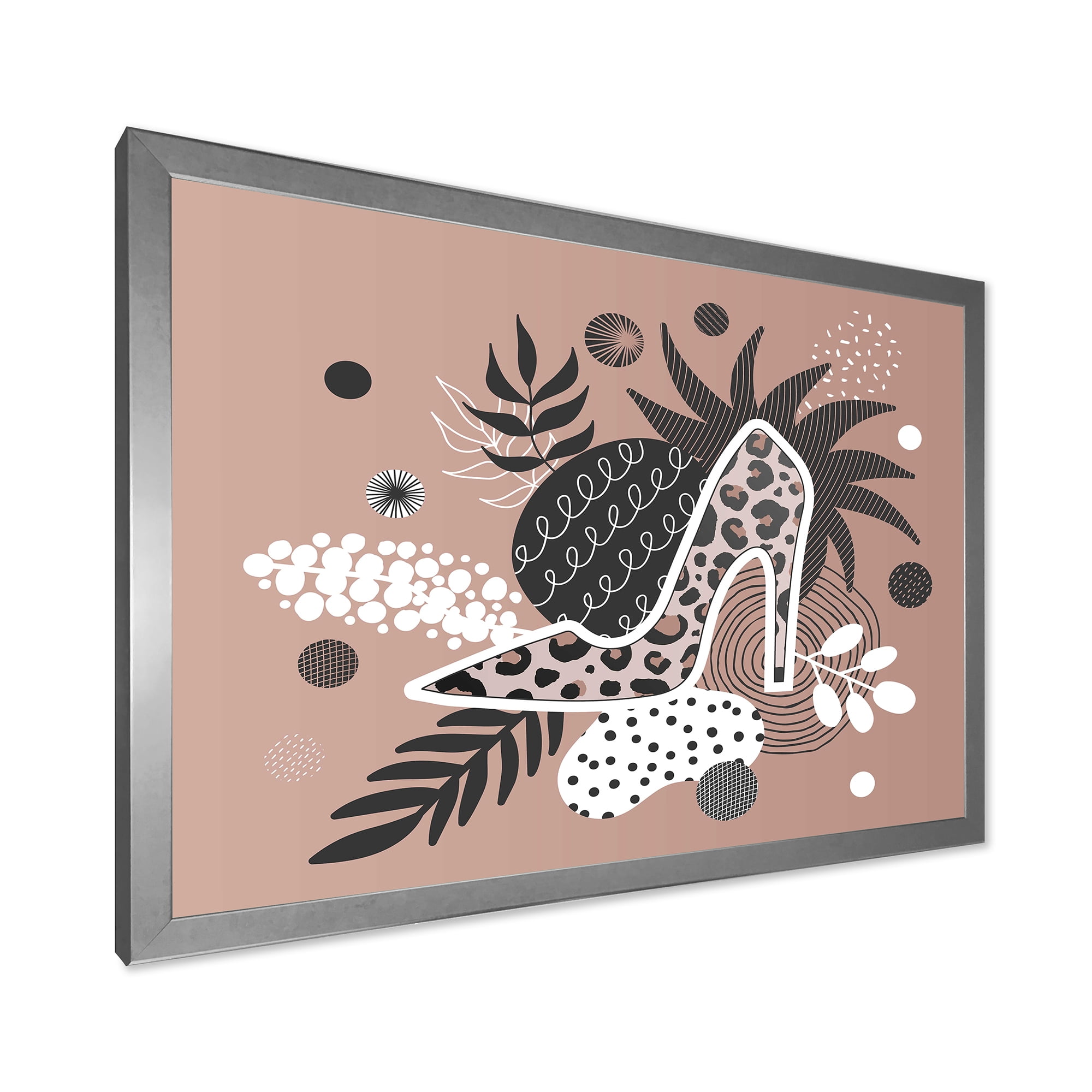 Designart 'Leopard High-Heeled Shoes On Tropical Leaves' Modern Framed Art Print