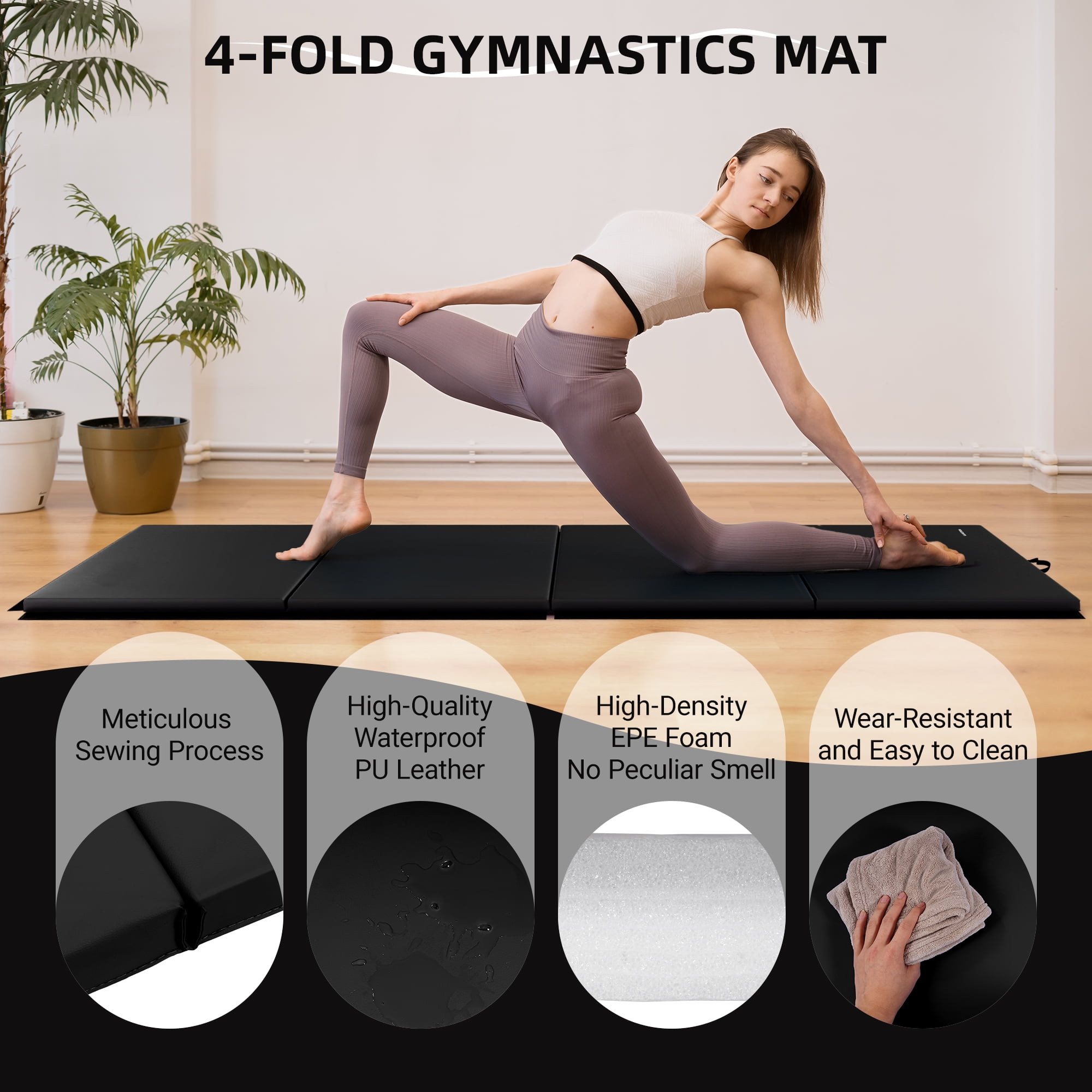 Signature Fitness Gymnastics, Tumbling, Yoga, Stretching, Cheerleading, Home Gym, Folding Mat (4‑Panel), 4 ft × 10 ft × 2 in, PVC Leather, EPE Foam