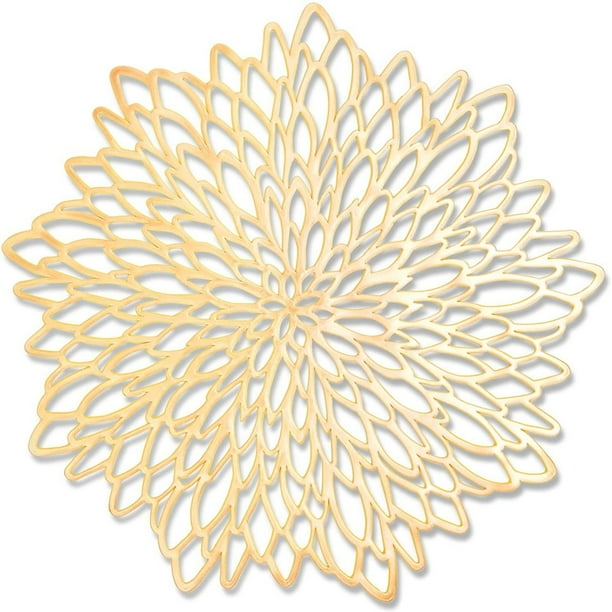 10 Pack Decorative Gold Vinyl Placemats, Bulk Round Place Mats in Leaf Design for Christmas, 14.