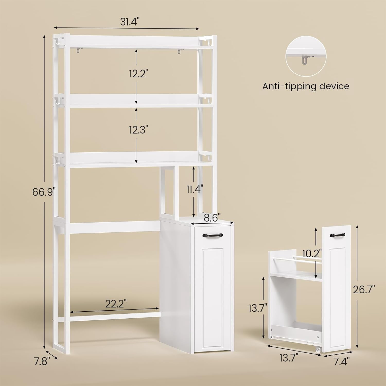 Weiplehoom Over the Toilet Storage Cabinet with Wheeled Drawer Trolley & 3-tier Open Shelves, Bathroom Organizer with 6 Hooks, Storage Rack for Restroom, Bathroom, Laundry, Plant Stand, White