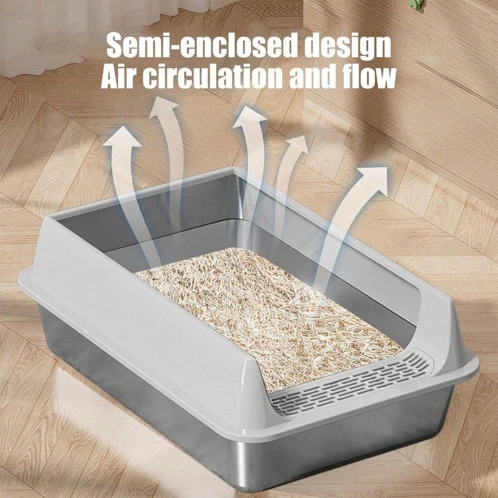 Premium Cat Hygiene Solution: Ultra-Durable Stainless Steel Litter Box – Semi-Enclosed Splash-Proof Tray, Advanced Odor Control, Effortless To Clean & Maintain.