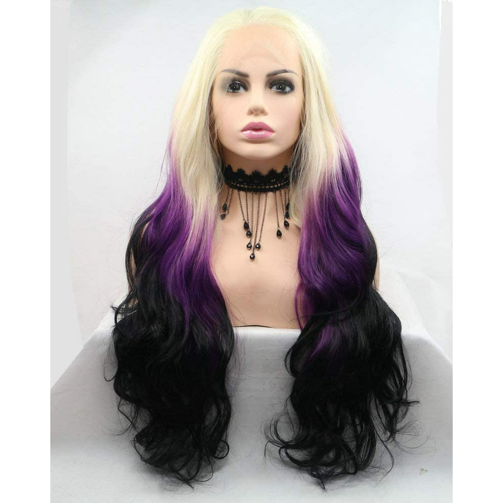 Women's Cosplay Party Hairstyle Free Part Long Synthetic Hair Body Wave  Handmade Lace Front Wigs For Drag Queen Light Blonde To Purple Black 3 Tone  Natural Hairline Replacement Synthetic Wigs 26