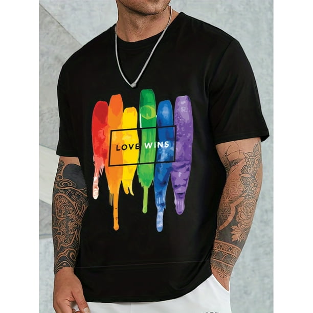 Pride Month, LGBTQ+ Group Slogan " Love Wins " Letter Print Rainbow Pattern T-shirt, Men's Casual Slightly Stretch Round Neck T-shirt For Spring Summer