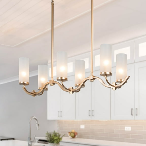 LNC Charm 6-Light Modern/Comtemporary Gold Linear Kitchen Island Chandelier,with Cylinder Opal Glass Shades,L30"xW9"xH10"