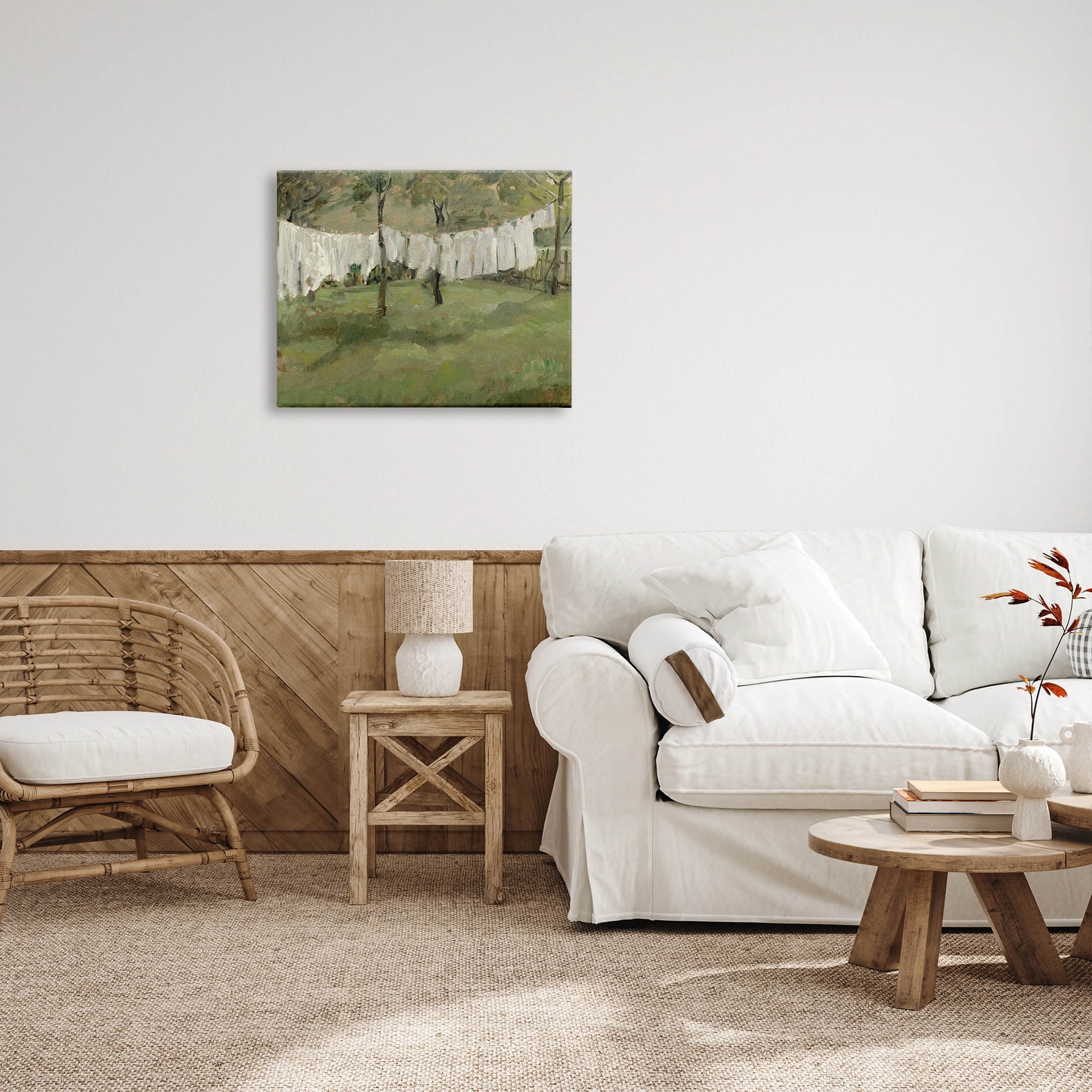 Soothing Yard Clothesline Scene Landscape Painting Gallery Wrapped Canvas Print Wall Art