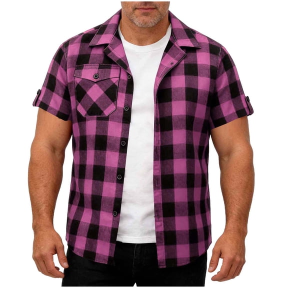Rvwovn Men's Gingham Button Down Shirt - Casual Short Sleeve Summer Collared Top with Chest Pocket