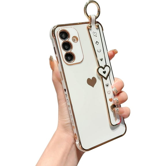 Compatible with Samsung Galaxy A54 5g Phone Case with Aesthetic Cute Heart Wrist Strap Kickstand Luxury Plating Side Heart Pattern Cover Soft Silicone Shockproof Stand Holder Bumper (White)