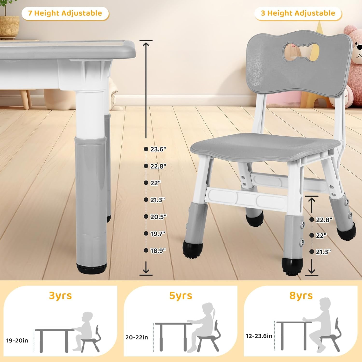 Pirecart Kids Table and 6 Chairs Set Height Adjustable Kids Craft and Play Table for Ages 2-10, Gray