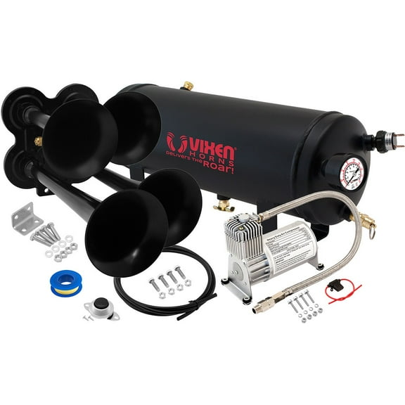 Vixen Horns Train Horn Kit for Trucks/Car/Semi. Complete Onboard System- 150psi Air Compressor, 1.5 Gallon Tank, 4 Trumpets. Super Loud dB. Fits Vehicles like Pickup/Jeep/RV/SUV 12v VXO8715/4114B