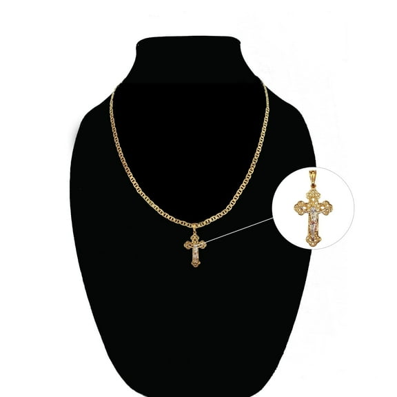 14K Bonded Gold Crucifix Necklace for Women, Best Unisex Christmas Gift for Women, Men, Her, Boyfriend, Girlfriend – 14K Cuban Chain with Jesus Cross Pendant, Best jewelry Gifts