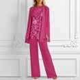 thumbnail image 2 of Summer Solid Color Lace Chiffon Floral Top and Wide Leg Pants Two Piece Outfit for Women Elegant Long Sleeve Crew Neck Wedding Guest Plus Size Watermelon Red S, 2 of 5
