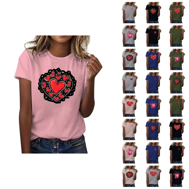 T-shirts de la Saint-Valentin pour Femmes 2026 Mode Manches Courtes Col Rond Cœur Graphique