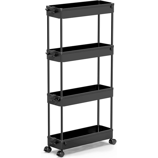 LLMRR 4 Tier Slim Rolling Cart, Rolling Storage Cart with Lockable Wheels, Bathroom Storage Cart, Mobile Shelving Unit Cart, Storage Organizer for Kitchen Bathroom, Black
