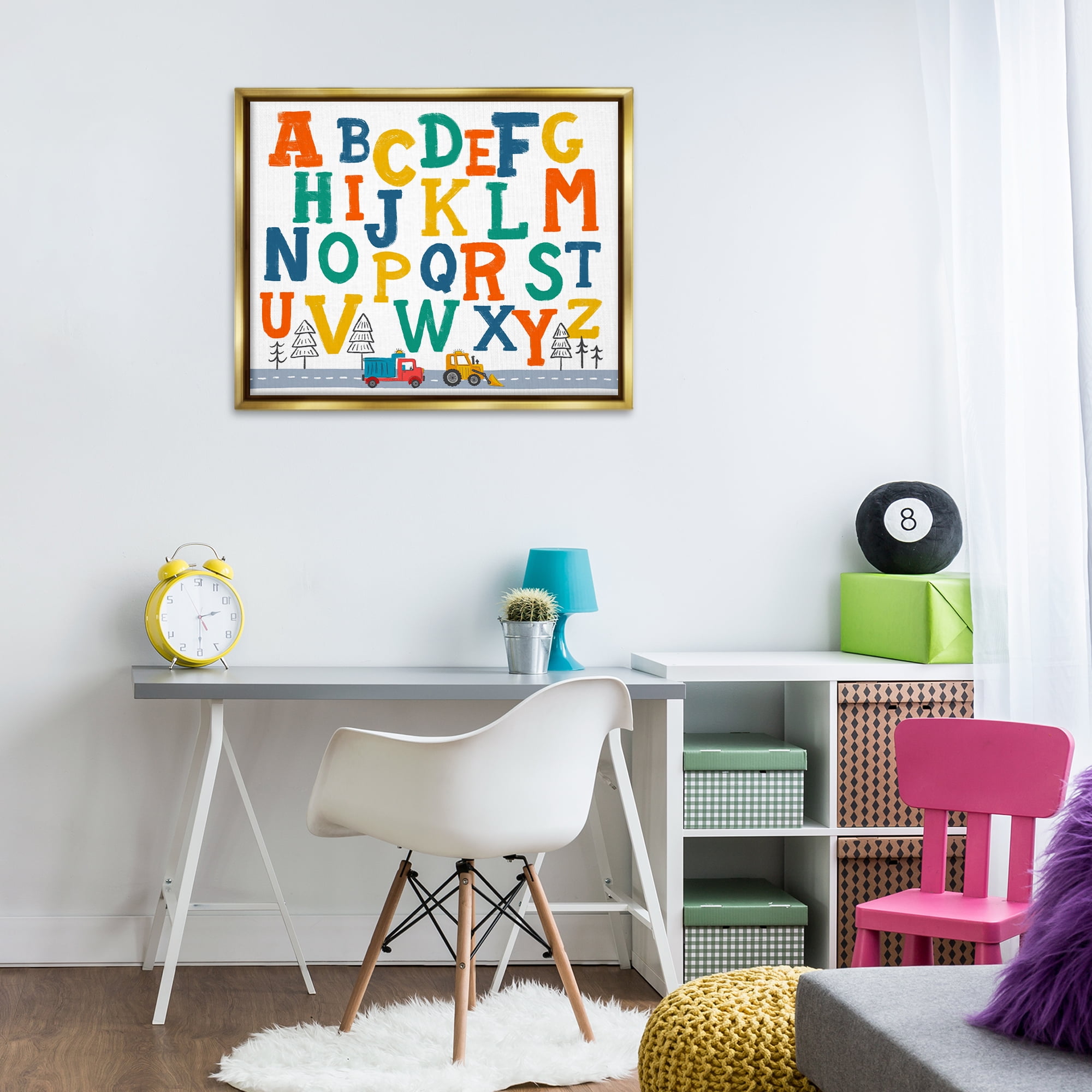 Stupell Industries Alphabet & Construction Trucks Education Painting Gold Floater Framed Canvas Art Print Wall Art, 31 x 25
