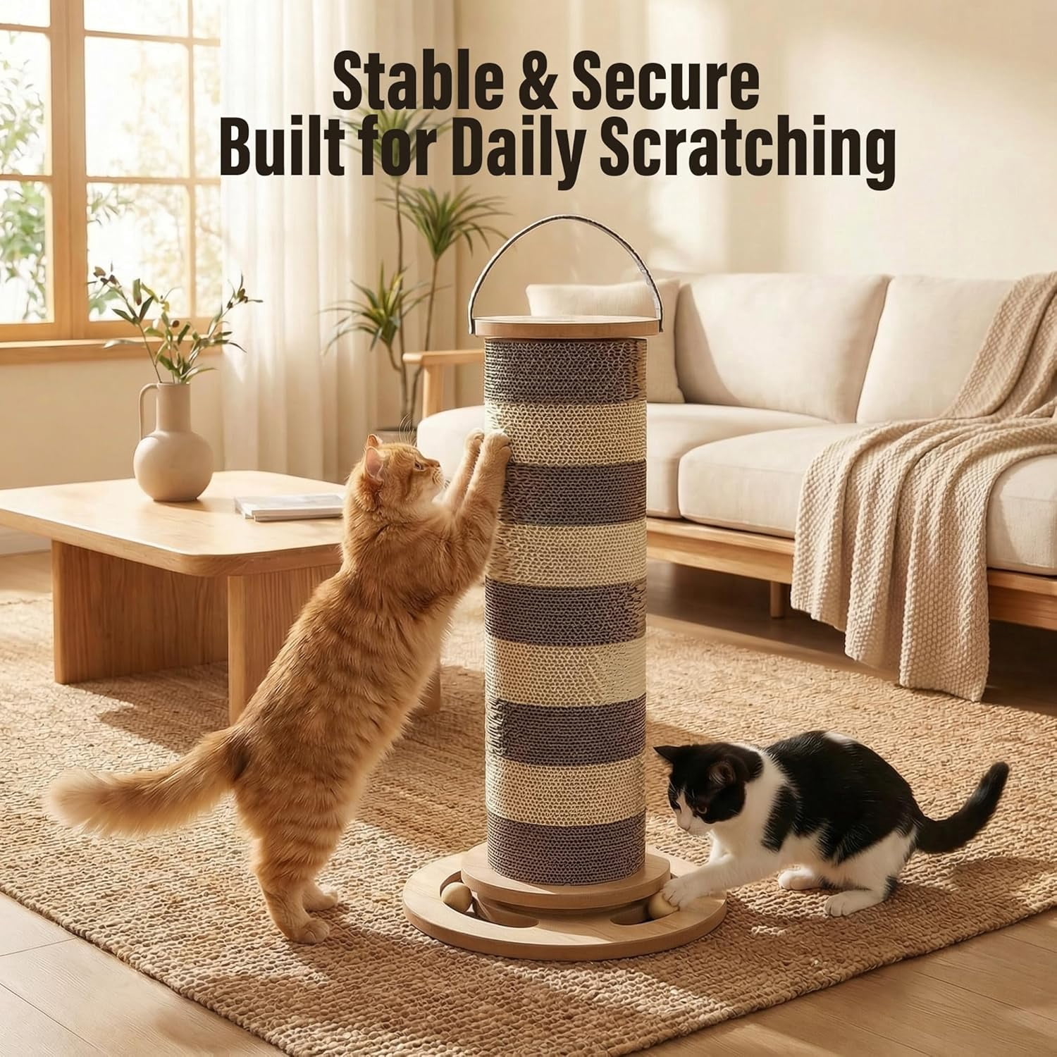 Stable Vertical Cat Scratching Post for Indoor Cats, Durable Cardboard Design with Replaceable Refills, Space-Saving Cat Scratcher